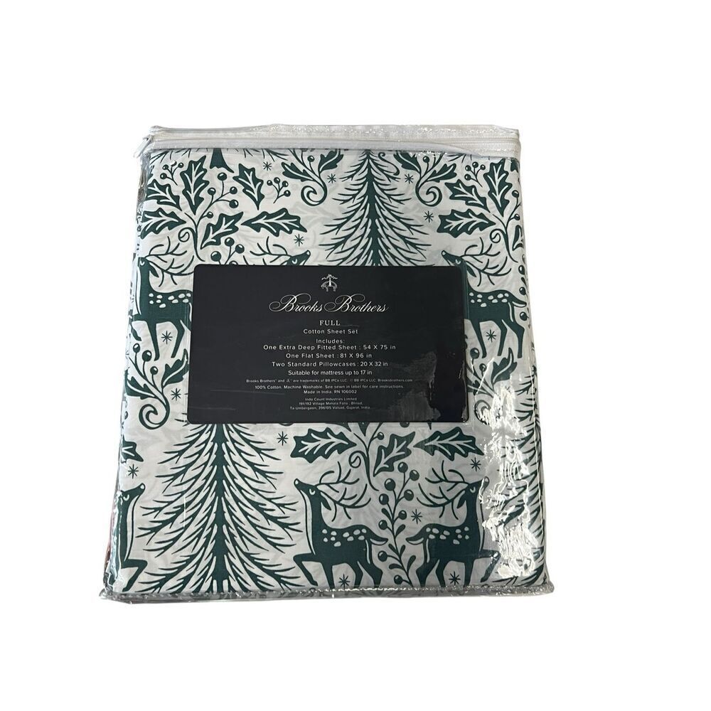 Brooks Brothers Holiday Christmas Print 100% Cotton Full Sheet Set White Green